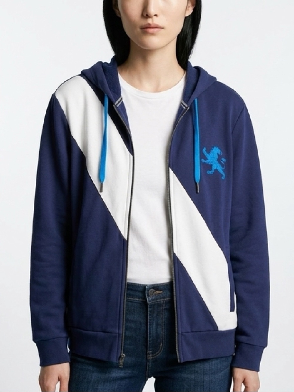 Retro Y2K Blokecore Athleisure Cozy Fleece Zip-Up Hoodie Mens Diagonal Stripe L - Picture 2 of 11